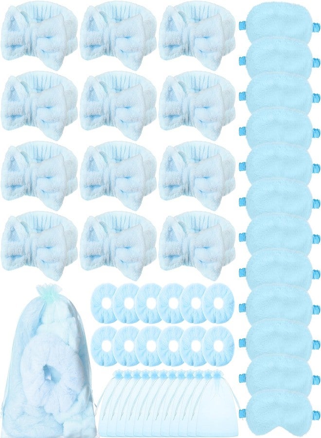 Mimorou 48 Pieces Spa Party Supplies 12 Spa Headband 12 Plush Sleep Eye Mask 12 Velvet Scrunchies 12 Organza Bags for Sleepover Slumber Party Favors Valentine Galentine Gift(Blue) - Image 1